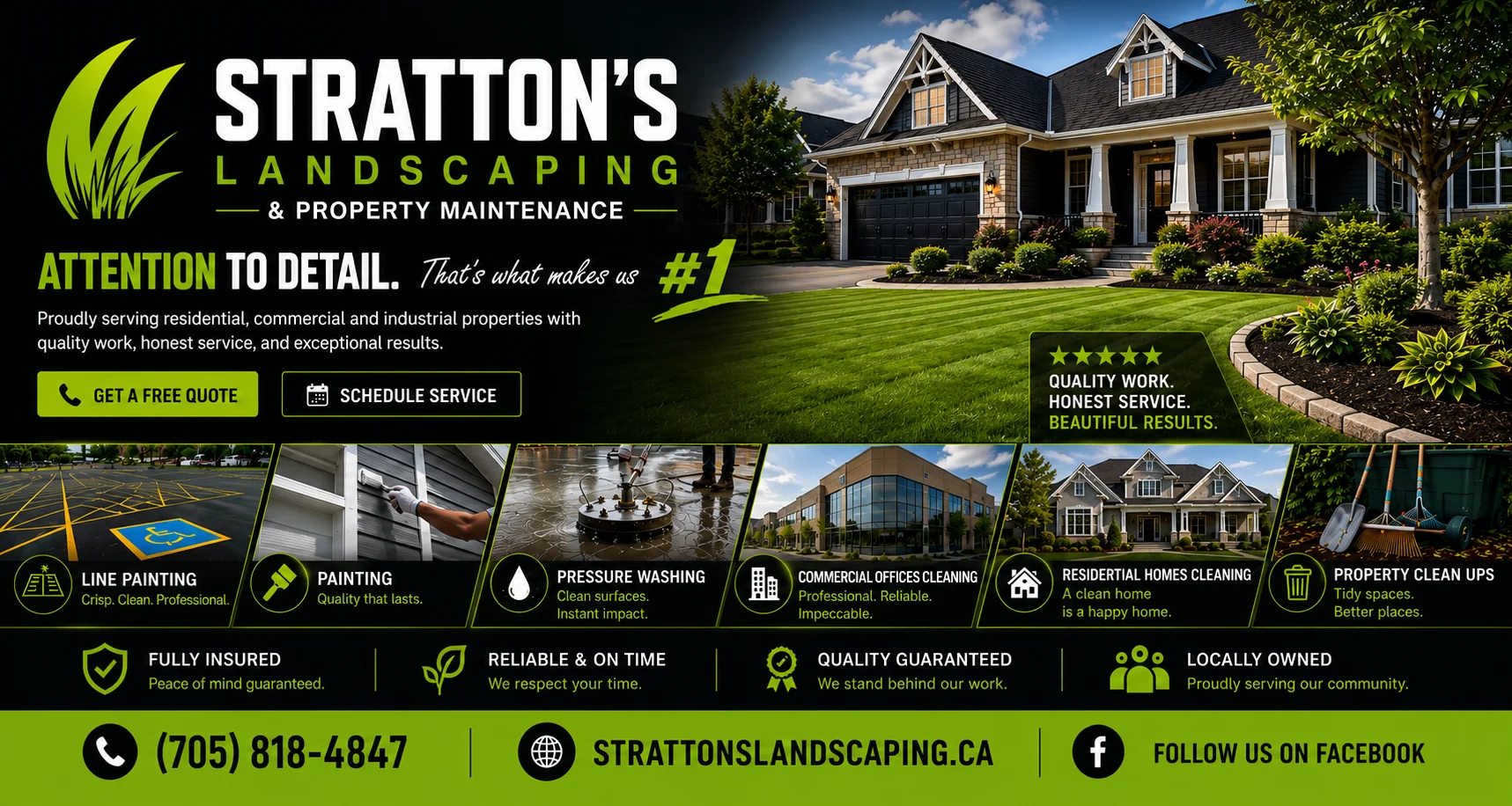 Stratton's Landscaping and Property Maintenance complete property services including line painting, painting, pressure washing, commercial office cleaning, residential home cleaning, and property cleanups.